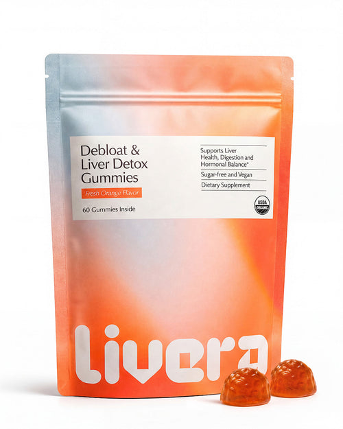 Livera Debloat & Liver Detox Gummies pouch, Fresh Orange flavor, 60 gummies, with two orange gummies — clean white studio backdrop