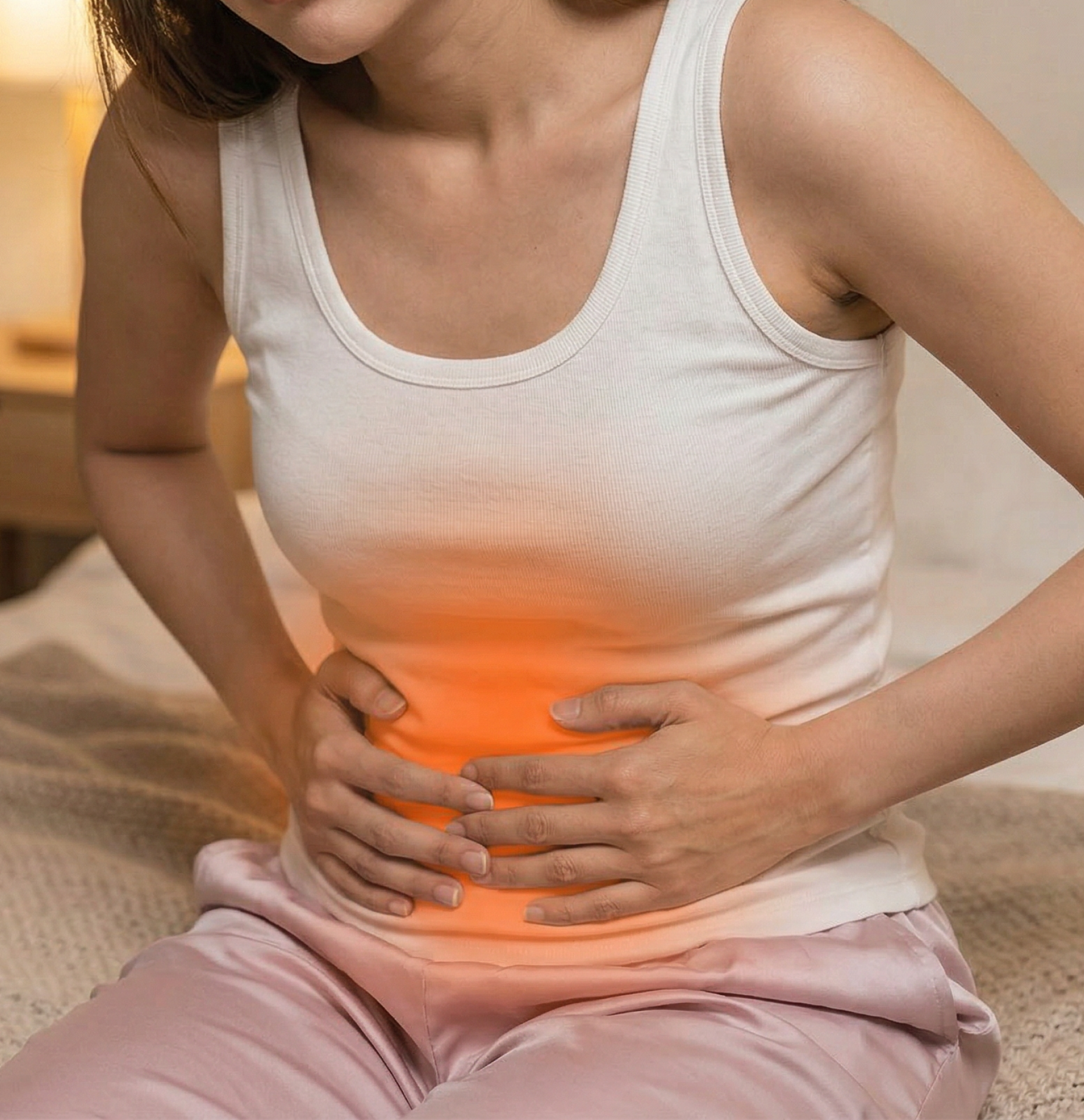 Woman holding bloated stomach
